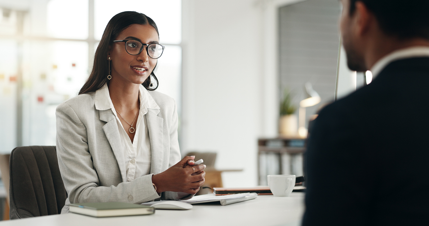 Interview, human resources and meeting with business people, conversation and hiring with b2b and recruitment. woman hr manager, man and communication, networking and onboarding with collaboration